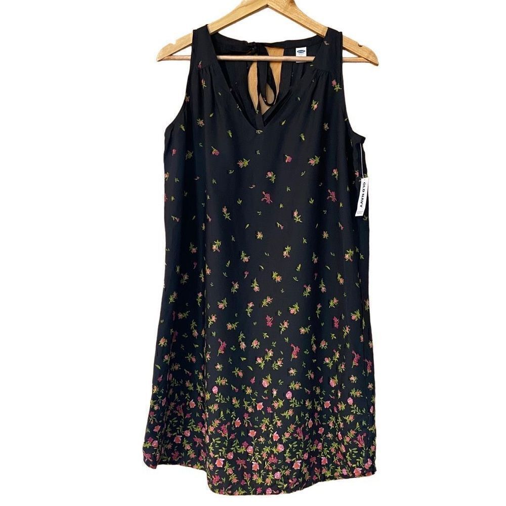 Old Navy Black Pink Ombre Floral Tie Back Midi Shift Dress Sleeveless medium new